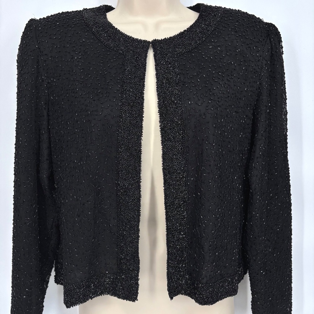 Vintage 90s Stenay Silk Beaded Jacket Black Formal Glam Holiday Womens Sz S
